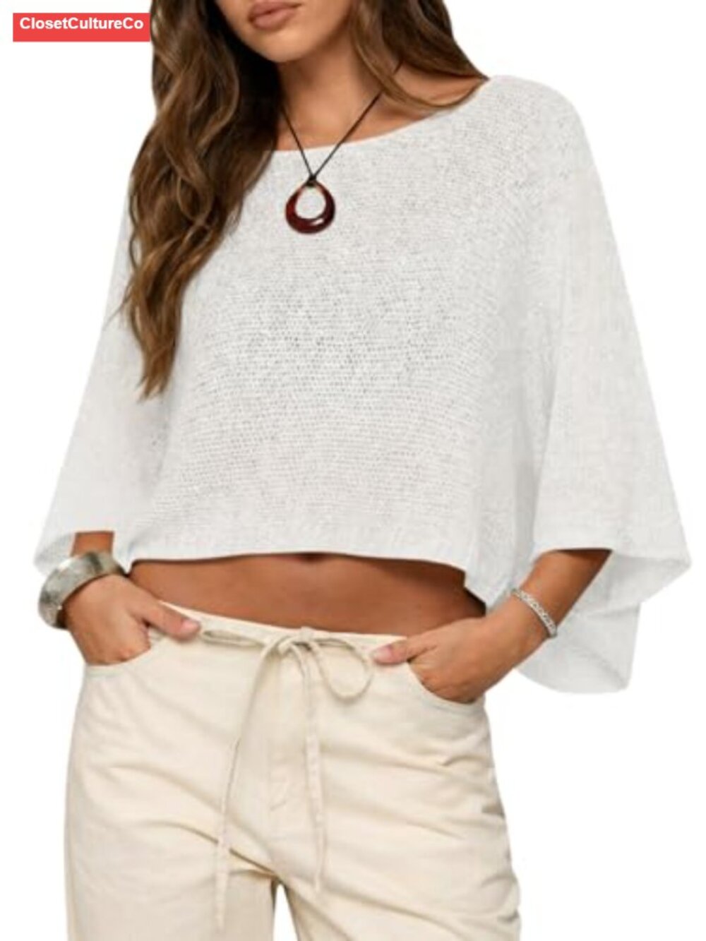Crochet Knit Batwing Sleeve Sweater Crop Top Sheer Beach Cover Up